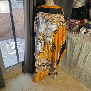 Africa Patterned Kaftan Dress Womens One Size White Black Short Sleeve Maxi